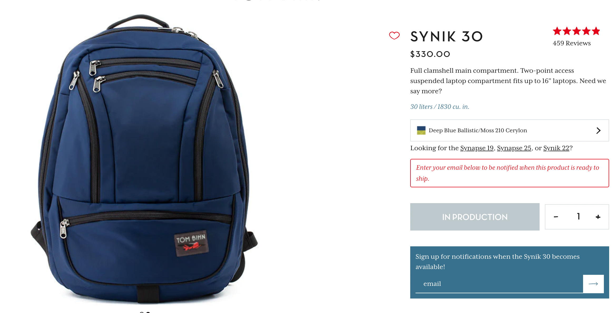Tom Bihn Synik 30 - Everyday Carry & Travel Backpack, 30L - Parachute Blue